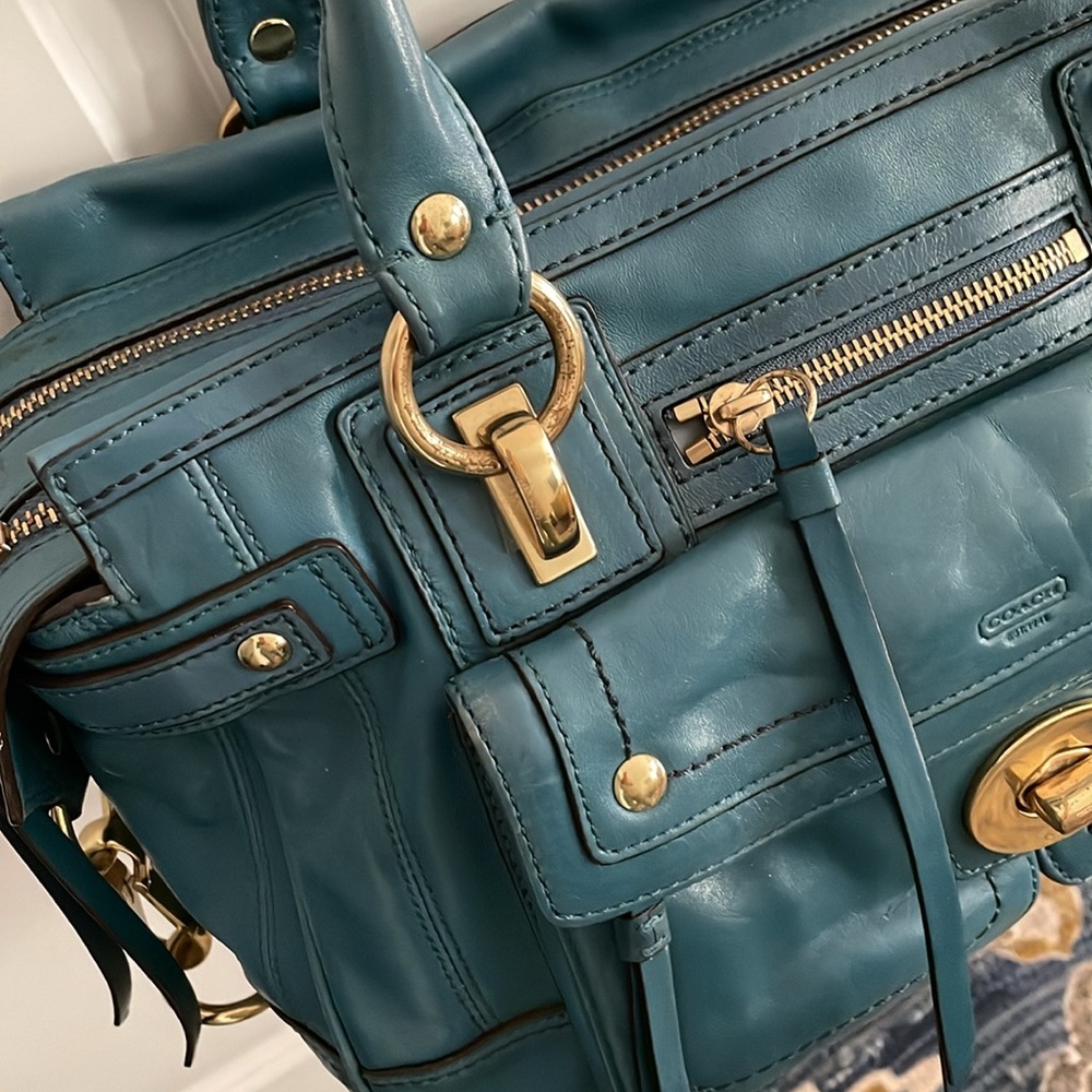Coach Hampton Lindsay Satchel F12475 Teal Medium Size Structured Pockets Galore - Picture 6 of 16